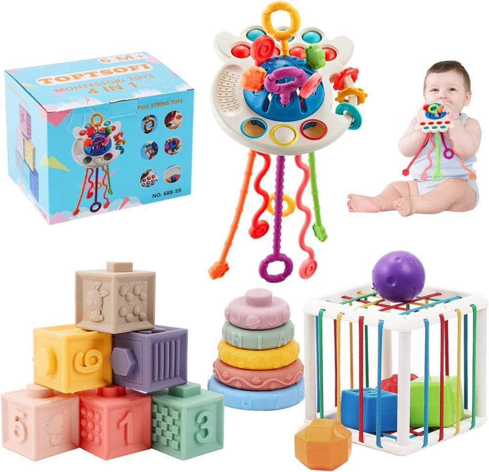 4 In 1 Baby Toys 6-12 Months  Stacking Building Blocks Infant Toys & Stacking Rings Teething Toys 0-6-12-18 M+  Color Shape Bin Sensory Toys  Pull String Montessori Toys For 1-3 Year Old Boy Girl Gift  |  Sorting & Stacking Toys All Toys Sorting & Stacking Toys