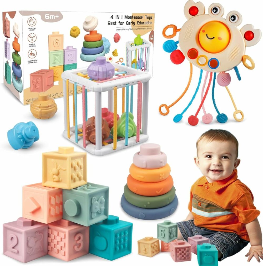 4-In-1 Baby Toys For 6-12 Months  Toys  Montessori Soft Stacking Blocks For Babies  Infants Teething Toys  Sensory Balls And Educational Learning Set For And Toddlers (Boys & Girls)  |  Sorting & Stacking Toys All Toys 4 in 1