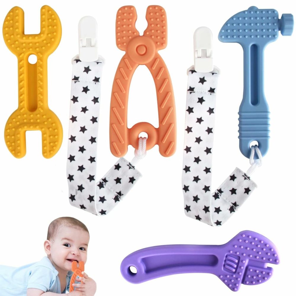 4 Pack Soft Silicone Teething Toys For Toddlers Infant Hammer Spanner Wrench Pliers Tools Shape Baby Teethers Relief Soothe Babies Gums Set (Hammer Set)  |  Teethers All Toys Pink, White, Purple, Blue, Yellow, Black