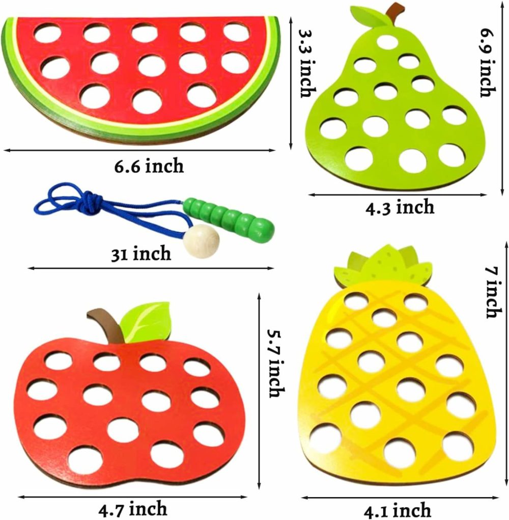 4 Pack Wooden Lacing Toy,Educational Threading Activity Puzzles,Learning Fine Motor Skill Travel Toy,Wooden Fruit Threading Set For Toddlers Kids 3 4 5 Year 1 Apple,1 Watermelon,1 Pineapple,1 Pear  |  Sorting & Stacking Toys All Toys Sorting & Stacking Toys