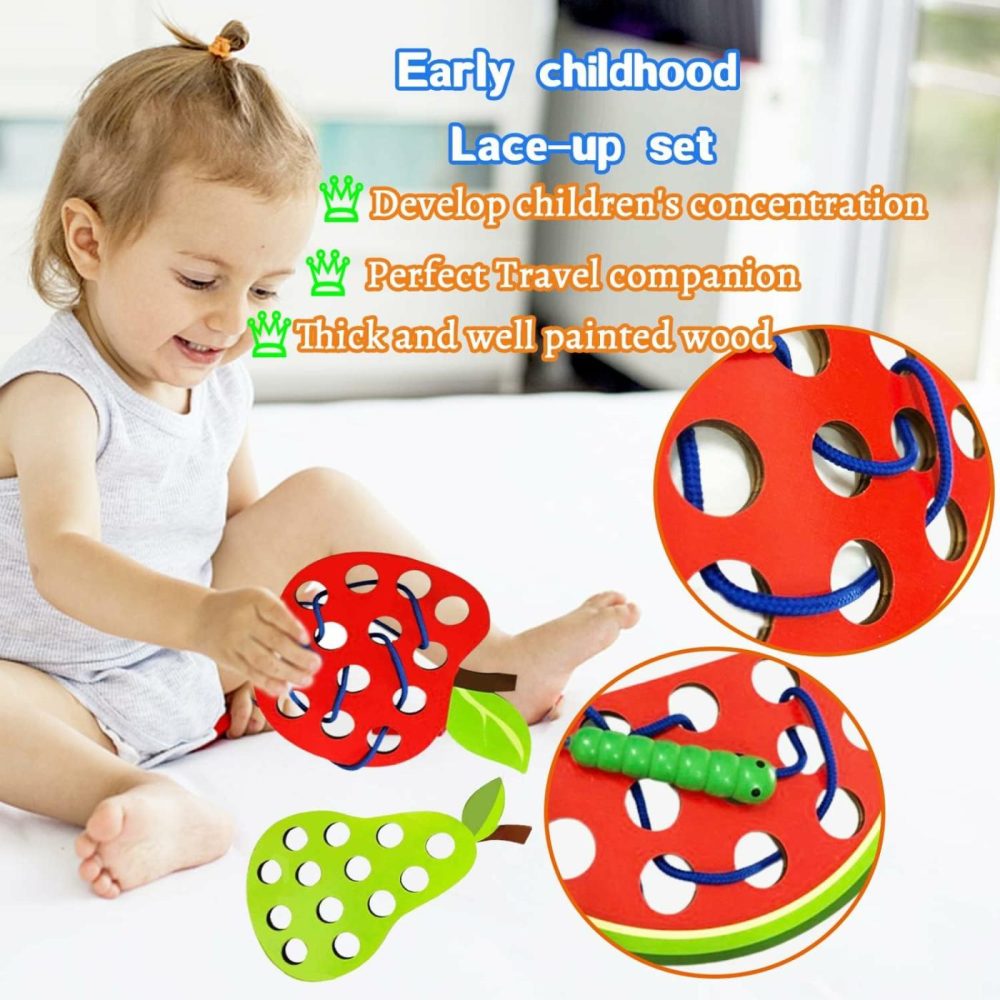 4 Pack Wooden Lacing Toy,Educational Threading Activity Puzzles,Learning Fine Motor Skill Travel Toy,Wooden Fruit Threading Set For Toddlers Kids 3 4 5 Year 1 Apple,1 Watermelon,1 Pineapple,1 Pear  |  Sorting & Stacking Toys All Toys Sorting & Stacking Toys