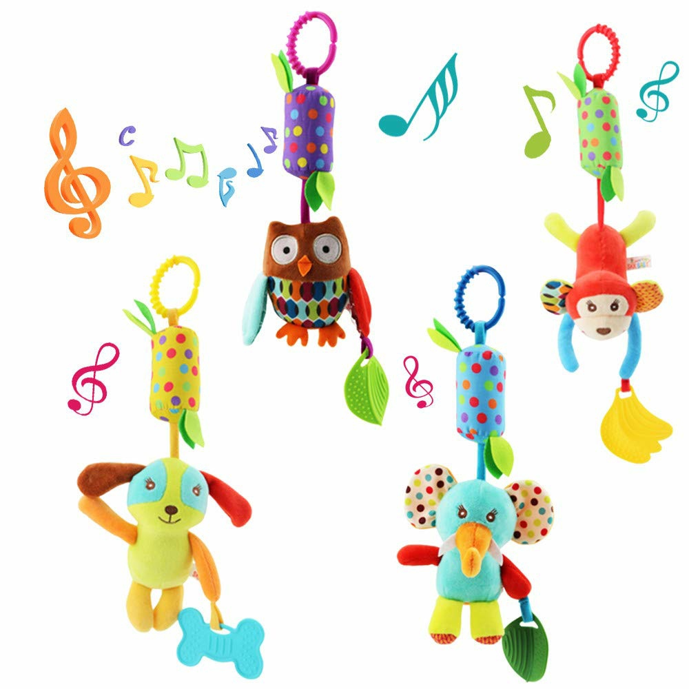 4 Pcs Baby Soft Hanging Rattle Crinkle Squeaky Toy – Baby Toys For 0 3 6 9 To 1 Animal Ring Plush Stroller Infant Car Bed Crib Travel Activity Hanging Wind Chime With Teether For Boys Present  |  Rattles & Plush Rings All Toys 4PCS-A