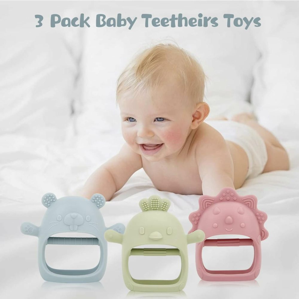 4 Pcs Baby Teething Toys Silicone Teethers For Babies 0-6 Months No Drop Chew Toys Baby Hand Teethers For Soothing Pain Cute Safe Designs  |  Teethers All Toys Blue,Green,Red