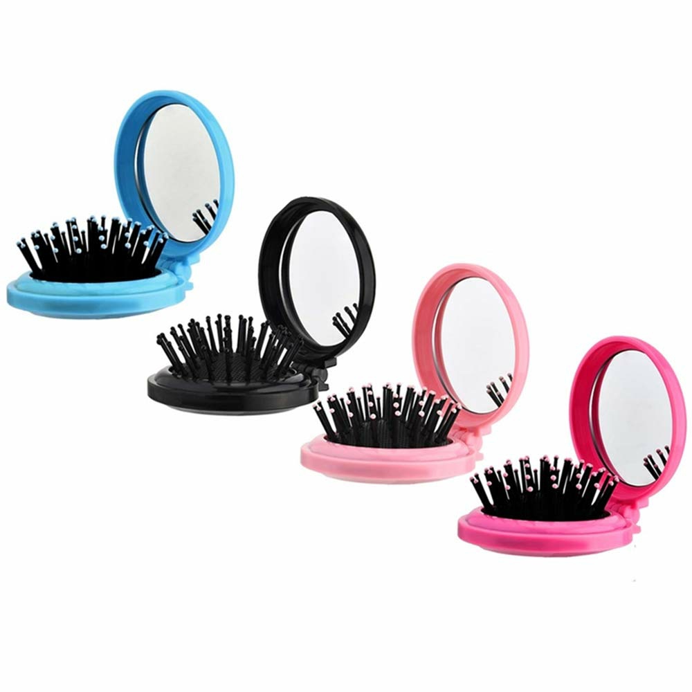 4 Pcs Pocket Hair Brush With Mirror Folding Round Travel Hair Brush Mini Hair Comb Compact Travel Size Hair Massage Combor For Women And Girls  |  Hair Brushes All Toys Black