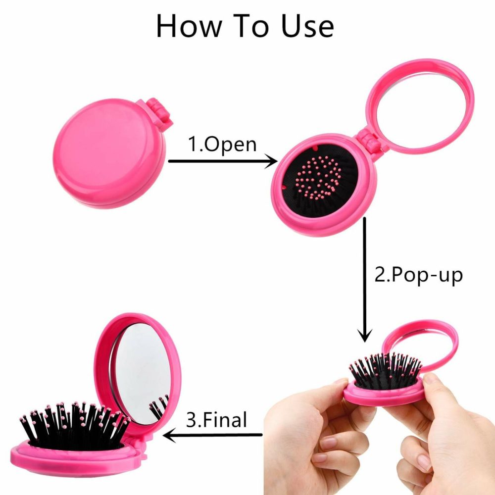 4 Pcs Pocket Hair Brush With Mirror Folding Round Travel Hair Brush Mini Hair Comb Compact Travel Size Hair Massage Combor For Women And Girls  |  Hair Brushes All Toys Black