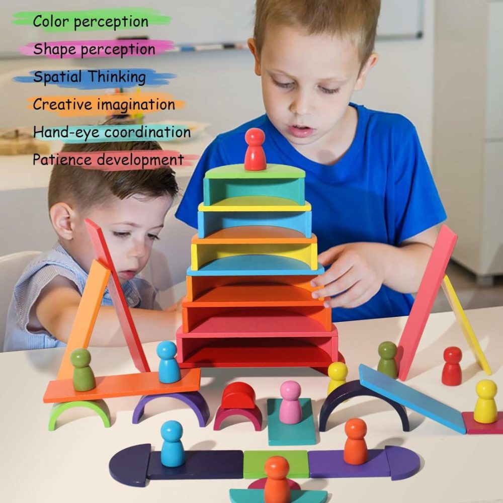 45-Piece Wooden Rainbow Stack Set  4-In-1 Building Blocks Preschoolers Early Development & Activity Toys Montessori Toys For Kids 3  4  5  6 Years And Older Gifts For Boys And Girls  |  Sorting & Stacking Toys All Toys Sorting & Stacking Toys