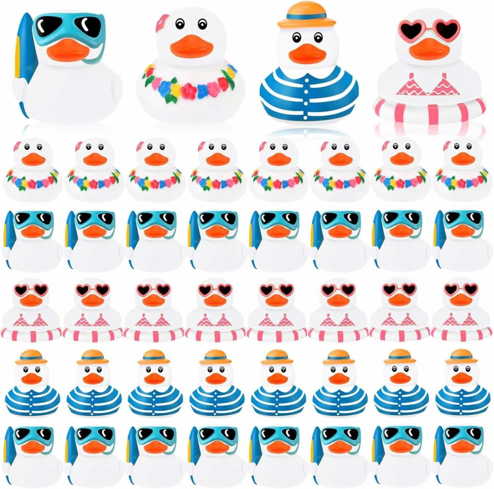 48 Pcs Summer Beach Rubber Duckies Mini Rubber Duck Bath Toys Funny Float Bathtub Squeaky Ducky For Pool Water Activity Summer Baby Shower Classroom Birthday Party Favors (White)  |  Bath Toys All Toys Bath Toys