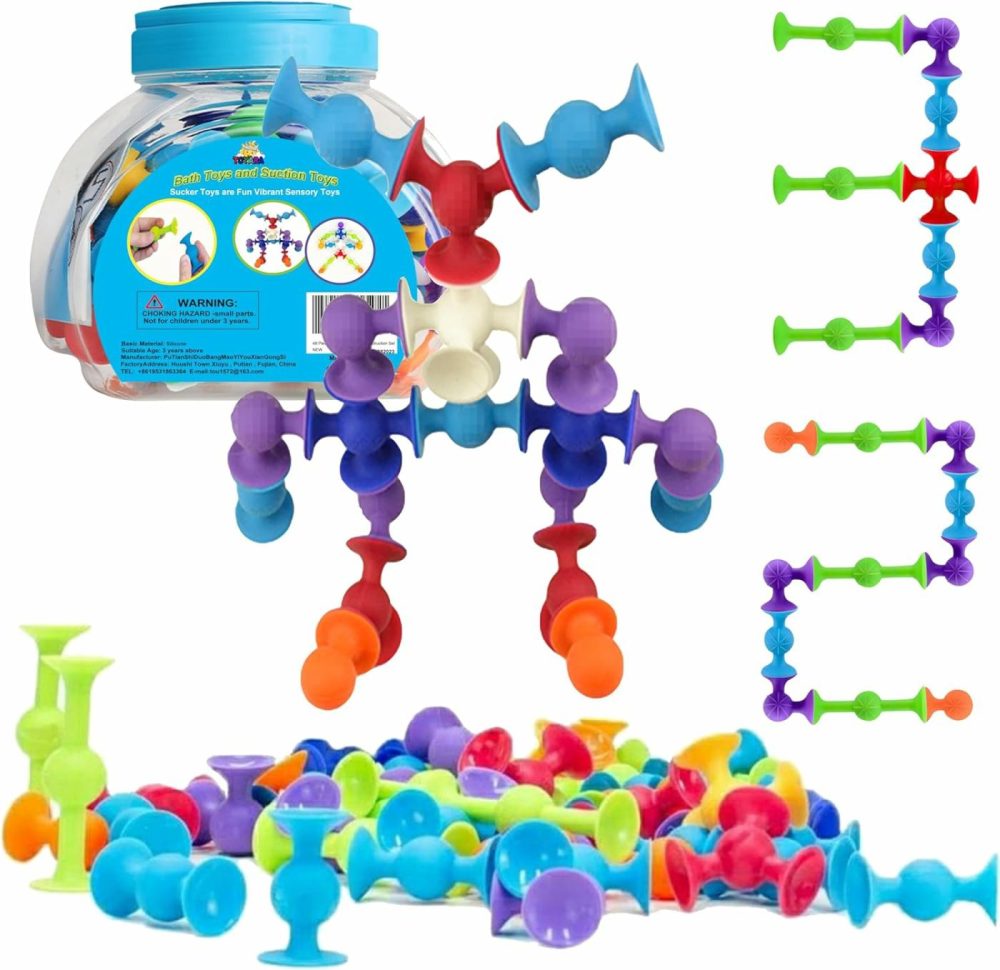 48 Piece Suction Cup Toys Construction Set  Silicone Building Blocks Diy Blocks Toys – Sucker Toys Are Fun Bath Toys,Sensory Toy For Toddlers 3 Year Old Boys And Girls  |  Sorting & Stacking Toys All Toys Sorting & Stacking Toys