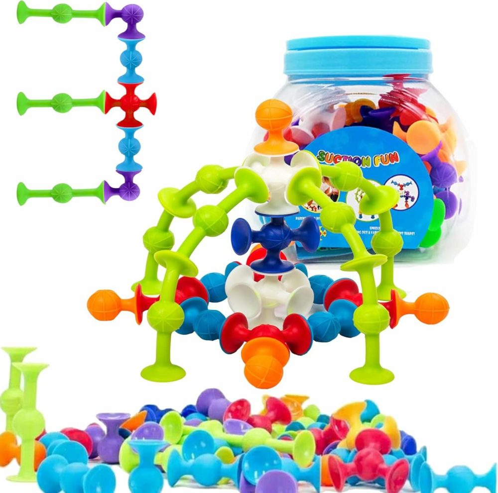 48 Piece Suction Cup Toys Construction Set – Silicone Building Blocks Diy Fun Bath Toys For Kids Ages 1-3  Toddler Travel Toys  Darts Sucker Toys With Toddler Road Trip Essentials  |  Bath Toys All Toys Bath Toys