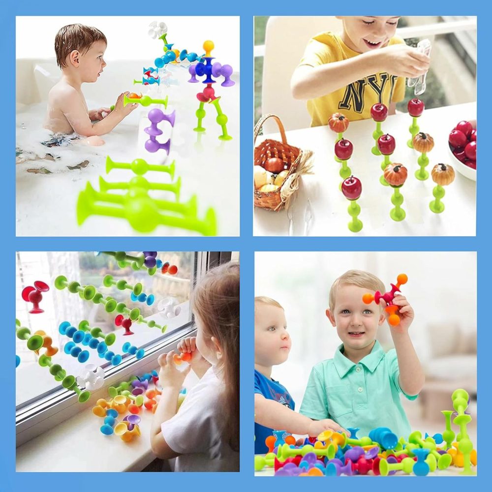 48 Piece Suction Cup Toys Construction Set – Silicone Building Blocks Diy Fun Bath Toys For Kids Ages 1-3  Toddler Travel Toys  Darts Sucker Toys With Toddler Road Trip Essentials  |  Bath Toys All Toys Bath Toys