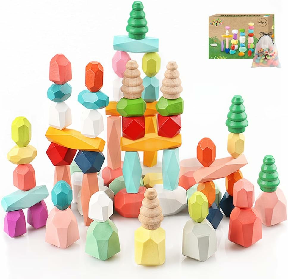 48Pcs Wooden Stacking Building Blocks Montessori Toys For 1 2 3 4 5 6 Year Old Girls Boys Preschool Educational Sensory Toys For Toddlers 1-3 Stem Learning Toys Ages 2-4 Kids Games Gift  |  Sorting & Stacking Toys All Toys Sorting & Stacking Toys