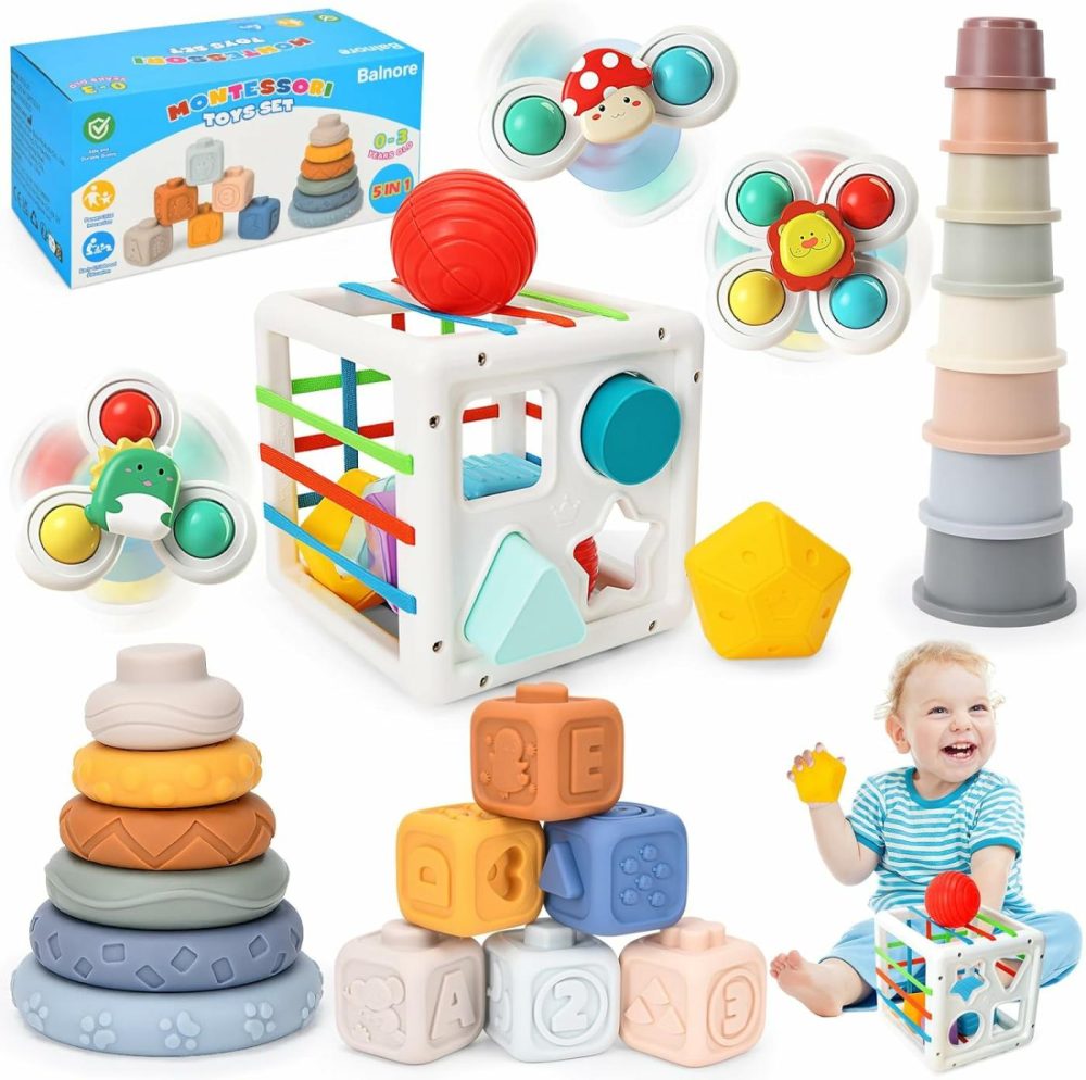 5 In 1 Baby Toys 6 To 12 Months  Montessori Baby Toys For 6+ Month Old  Suction Cup Spinner Toys For Babies  Stacking Blocks & Stacking Cups & Sensory Toys For Toddlers 6+Month Old Gifts-32Pcs  |  Sorting & Stacking Toys All Toys 5in1-32pcs