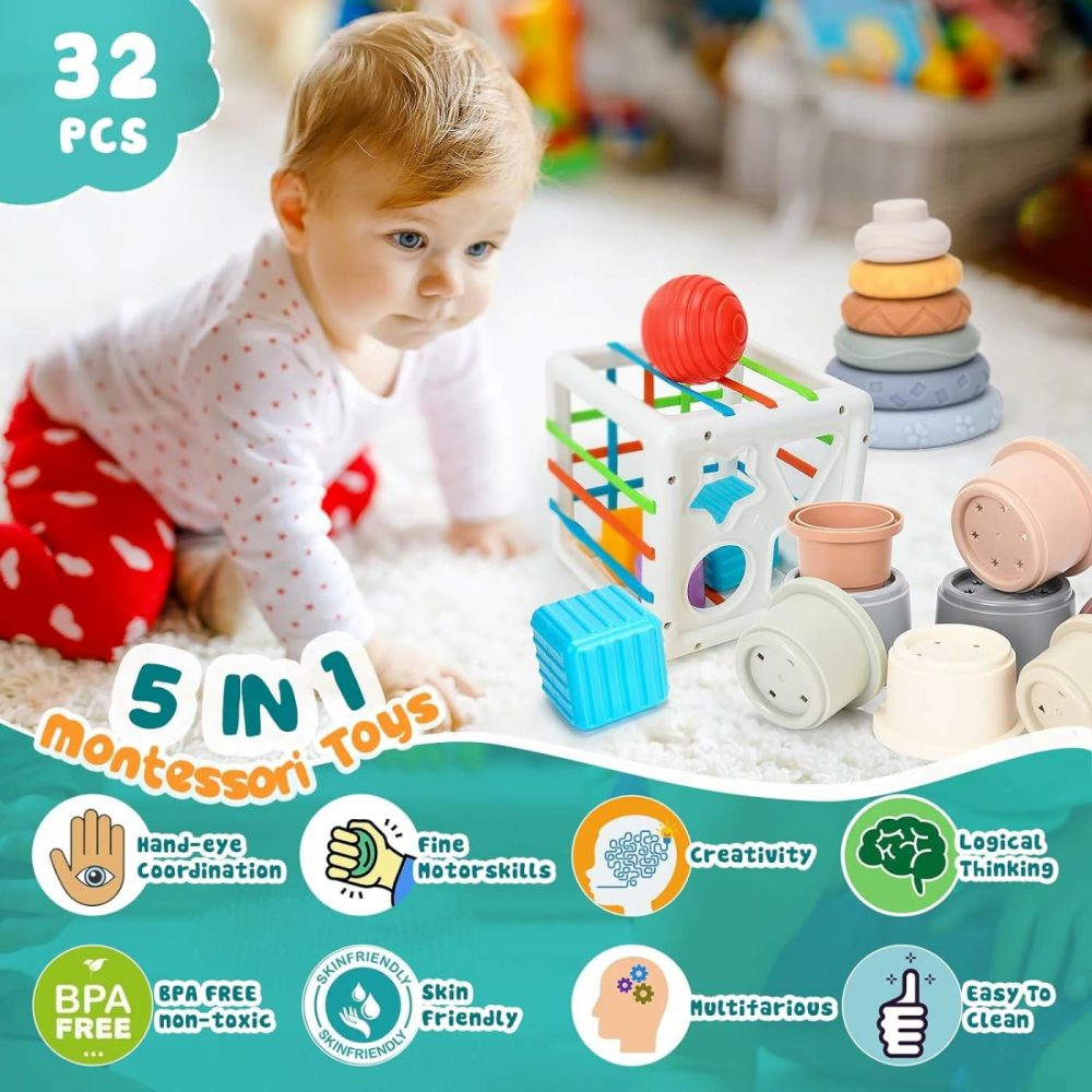 5 In 1 Baby Toys 6 To 12 Months  Montessori Baby Toys For 6+ Month Old  Suction Cup Spinner Toys For Babies  Stacking Blocks & Stacking Cups & Sensory Toys For Toddlers 6+Month Old Gifts-32Pcs  |  Sorting & Stacking Toys All Toys 5in1-32pcs