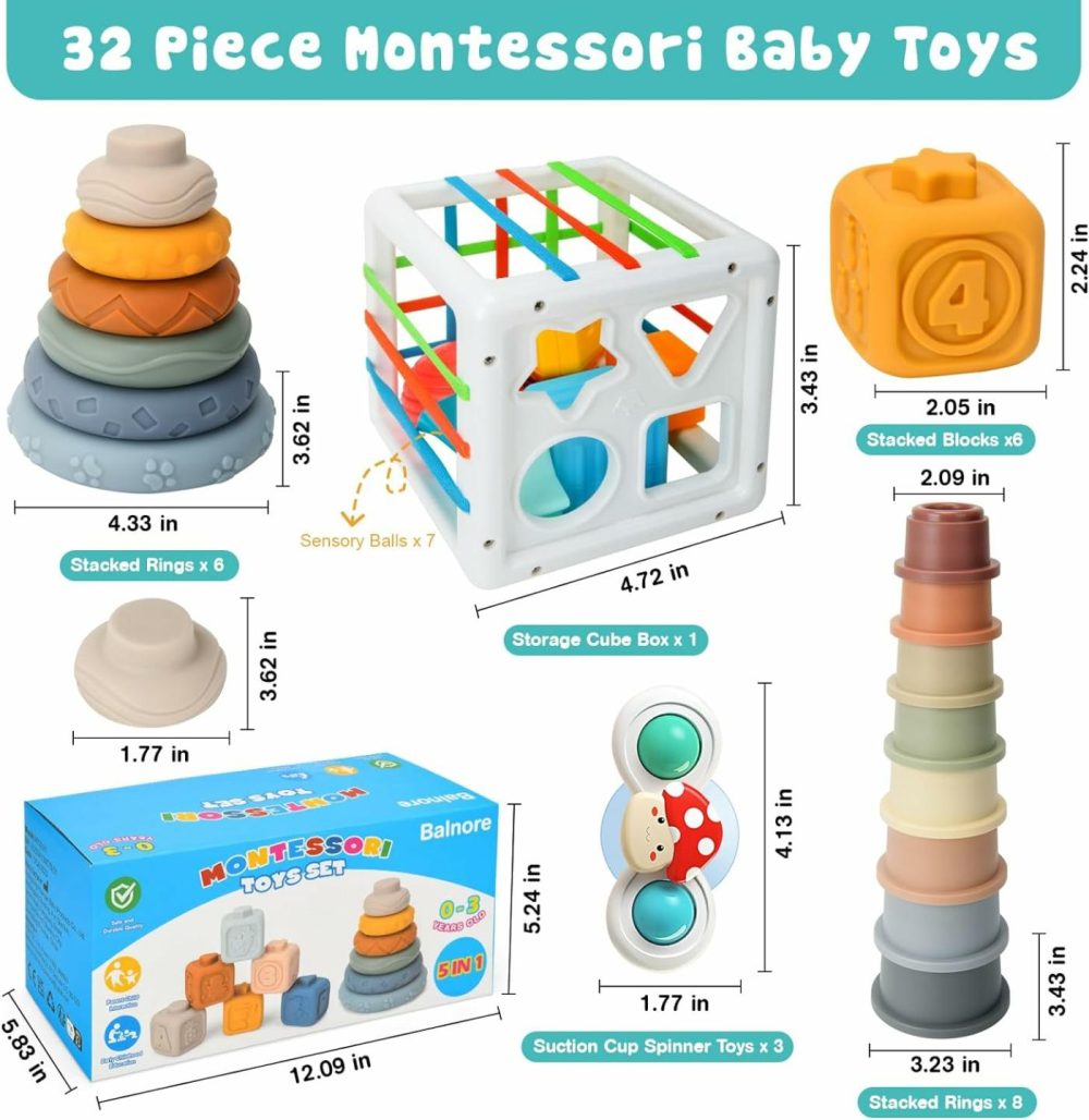 5 In 1 Baby Toys 6 To 12 Months  Montessori Baby Toys For 6+ Month Old  Suction Cup Spinner Toys For Babies  Stacking Blocks & Stacking Cups & Sensory Toys For Toddlers 6+Month Old Gifts-32Pcs  |  Sorting & Stacking Toys All Toys 5in1-32pcs