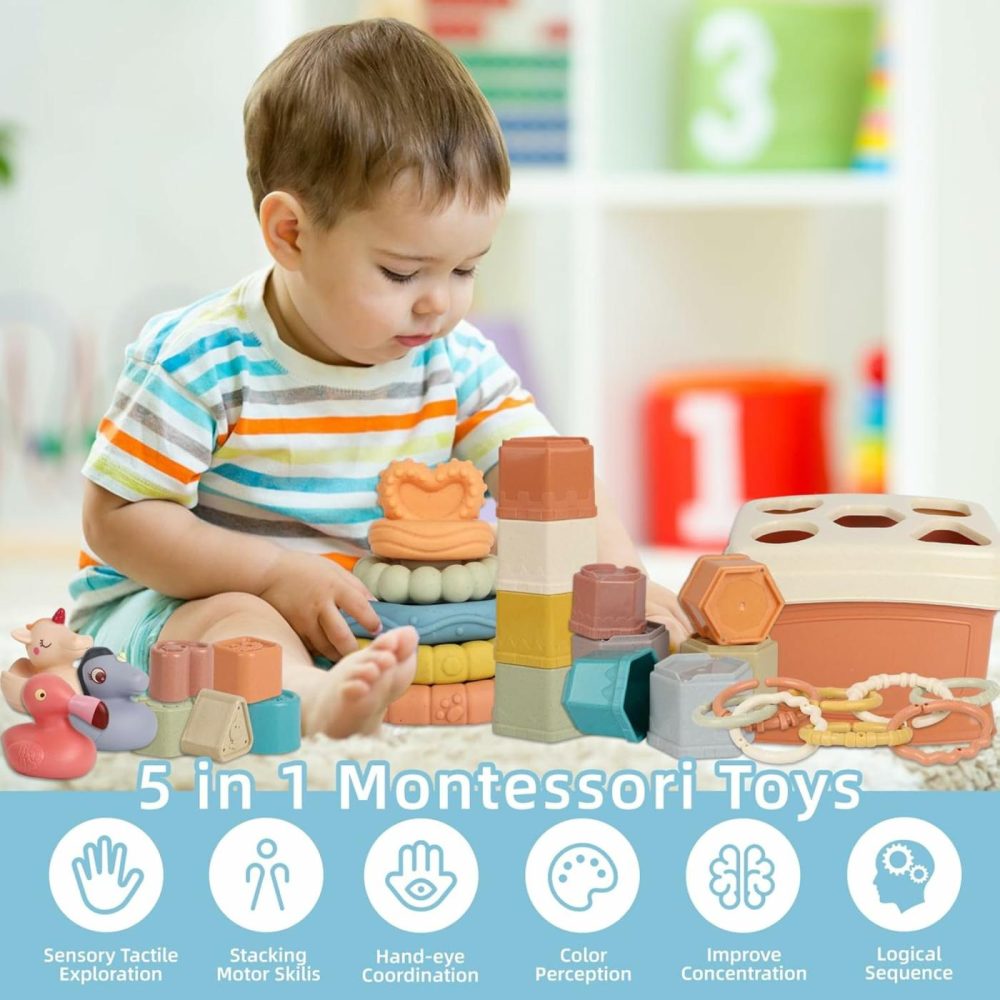 5 In 1 Montessori Baby Toys For 6-48 Months,Stacking Cups,Rings Toy Links,Soft Stacking Rings,Blocks Set,Soft Animals Toys For Toddlers 1-3 Year Old Boys Girls Infant Bath Time Fun  |  Sorting & Stacking Toys All Toys Sorting & Stacking Toys