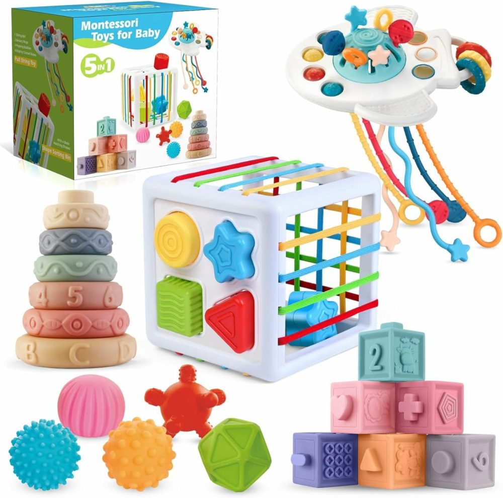 5 In 1 Montessori Toys For Babies 0-3-6-12 Months  Soft Baby Teething Toys  Sensory Bin Toy  Stacking Building Blocks & Rings For Infants,Developmental Toys For Toddler,Gift For Baby 12-18 Months  |  Sorting & Stacking Toys All Toys Sorting & Stacking Toys