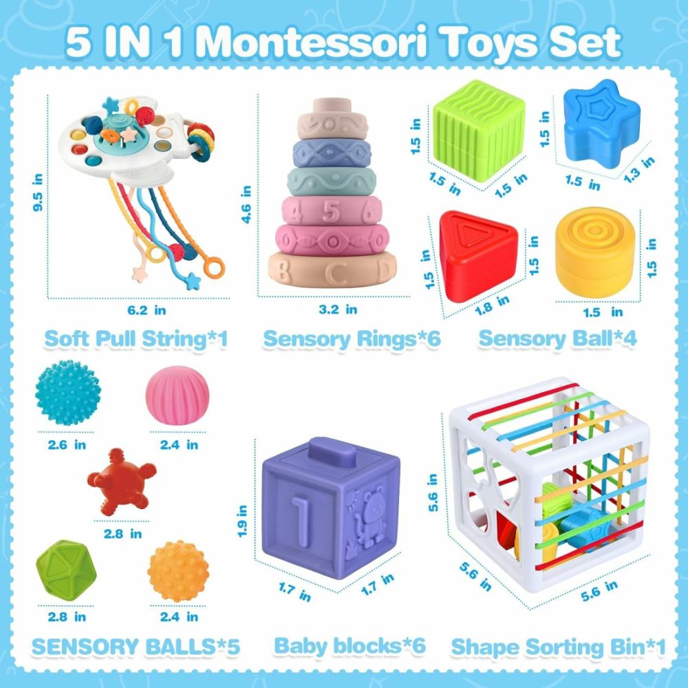 5 In 1 Montessori Toys For Babies 0-3-6-12 Months  Soft Baby Teething Toys  Sensory Bin Toy  Stacking Building Blocks & Rings For Infants,Developmental Toys For Toddler,Gift For Baby 12-18 Months  |  Sorting & Stacking Toys All Toys Sorting & Stacking Toys