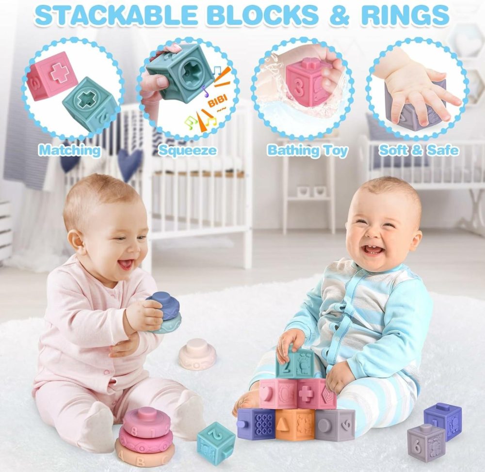 5 In 1 Montessori Toys For Babies 0-3-6-12 Months  Soft Baby Teething Toys  Sensory Bin Toy  Stacking Building Blocks & Rings For Infants,Developmental Toys For Toddler,Gift For Baby 12-18 Months  |  Sorting & Stacking Toys All Toys Sorting & Stacking Toys