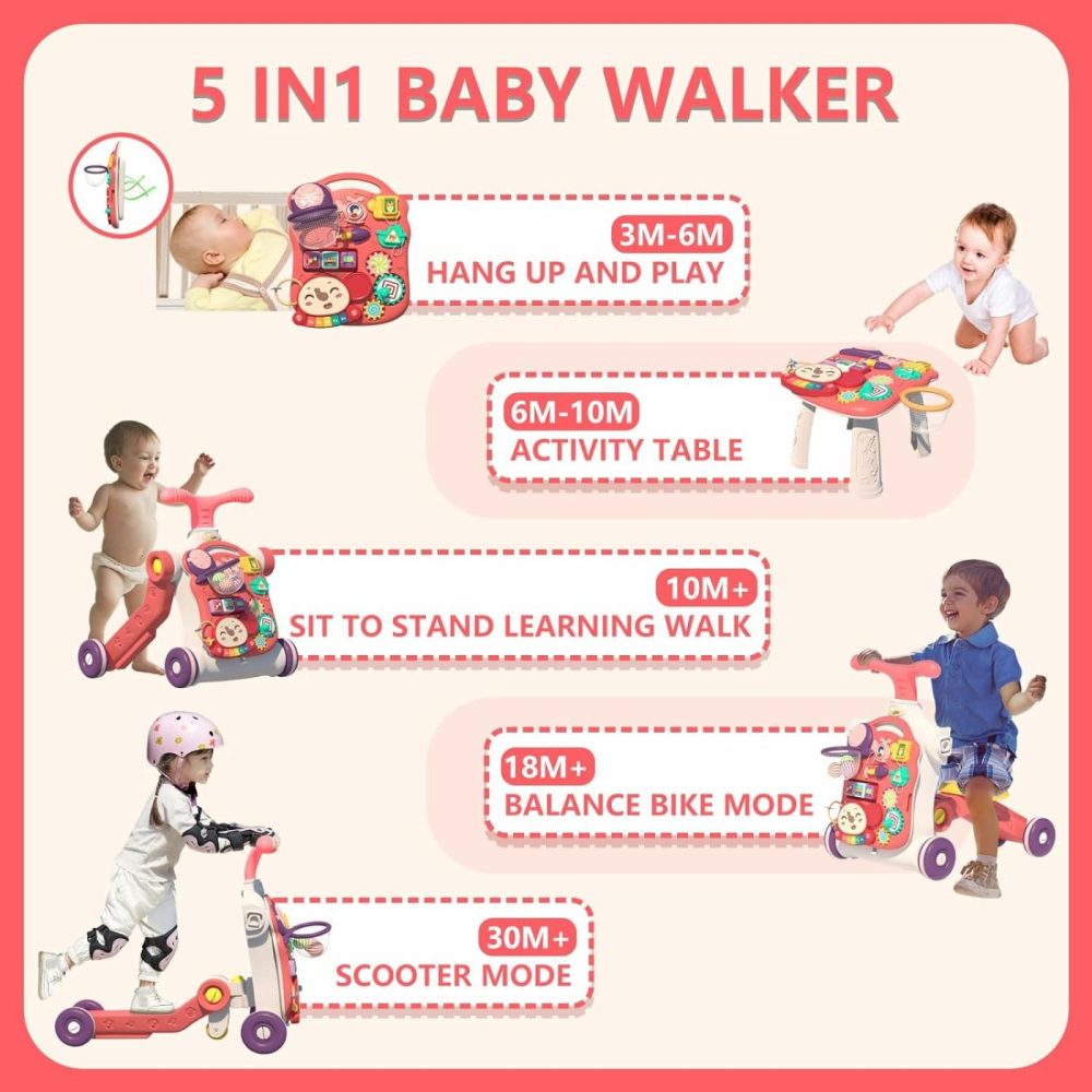 5 In 1 Walker For Baby Girl  Baby Push Walkers  Assemble As Scooter/Motorbike/Activity Center/Detachable Panel  Walking Toys For Infants 6-12 Months  Red  |  Push & Pull Toys All Toys Pink