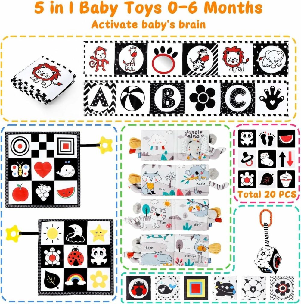 5 Pcs Black And White High Contrast Baby Toys 0-3 Months For Newborn  Tummy Time Toys Montessori Toys For Babies 0 3 6 9 Months – Infant Sensory Soft Book Toys For Babies Baby Gifts  |  Car Seat & Stroller Toys All Toys Car Seat & Stroller Toys