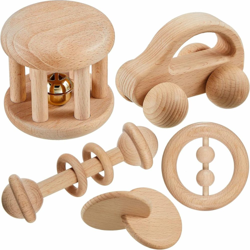 5 Pieces Wooden Baby Toys Wooden Toys For Babies 0-6-12 Months Wood Toys Rattles With Bells Montessori Wood Baby Push Car Wooden Newborn Toy For Infant Boys And Girls Gifts  |  Rattles & Plush Rings All Toys brown