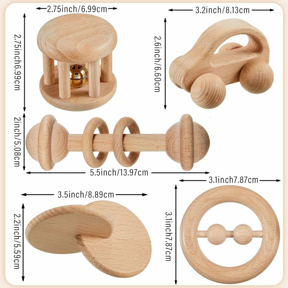 5 Pieces Wooden Baby Toys Wooden Toys For Babies 0-6-12 Months Wood Toys Rattles With Bells Montessori Wood Baby Push Car Wooden Newborn Toy For Infant Boys And Girls Gifts  |  Rattles & Plush Rings All Toys brown