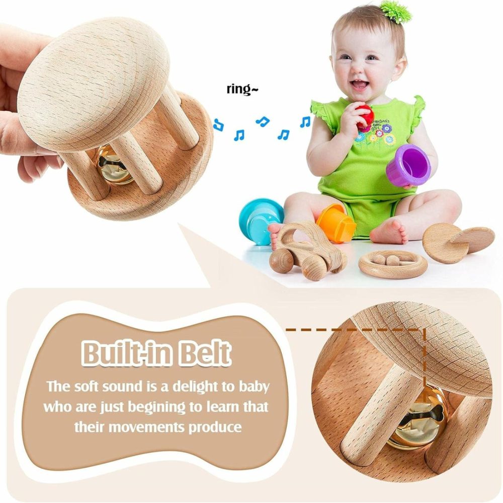 5 Pieces Wooden Baby Toys Wooden Toys For Babies 0-6-12 Months Wood Toys Rattles With Bells Montessori Wood Baby Push Car Wooden Newborn Toy For Infant Boys And Girls Gifts  |  Rattles & Plush Rings All Toys brown