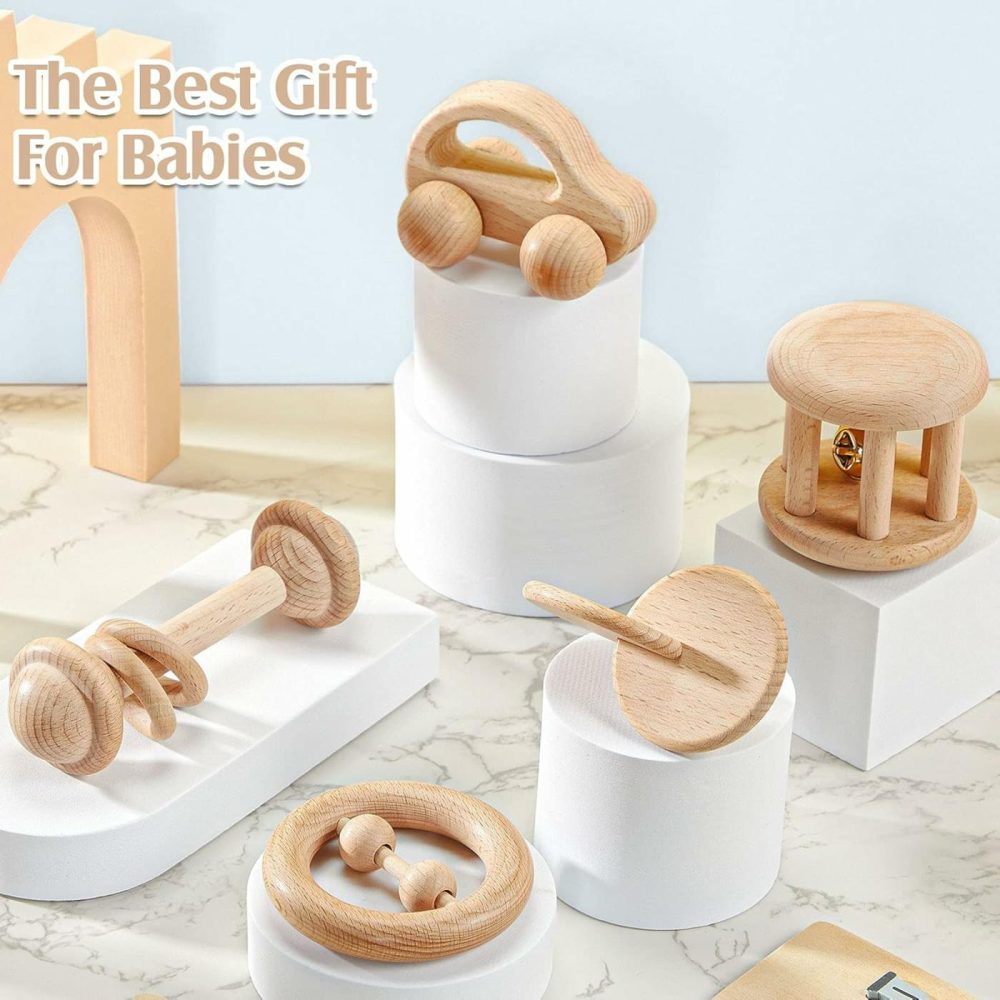 5 Pieces Wooden Baby Toys Wooden Toys For Babies 0-6-12 Months Wood Toys Rattles With Bells Montessori Wood Baby Push Car Wooden Newborn Toy For Infant Boys And Girls Gifts  |  Rattles & Plush Rings All Toys brown