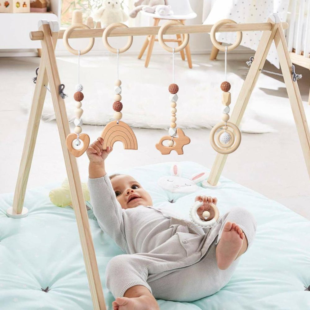 5Pcs Baby Play Gym Toy Set Wooden Hanging Toy Infant Play Gym Activity Rattles Toy Wooden Nursing Pendant Gym Rings Sensory Toys Newborn Birthday Gifts For Boys Girls  |  Rattles & Plush Rings All Toys Rattles & Plush Rings