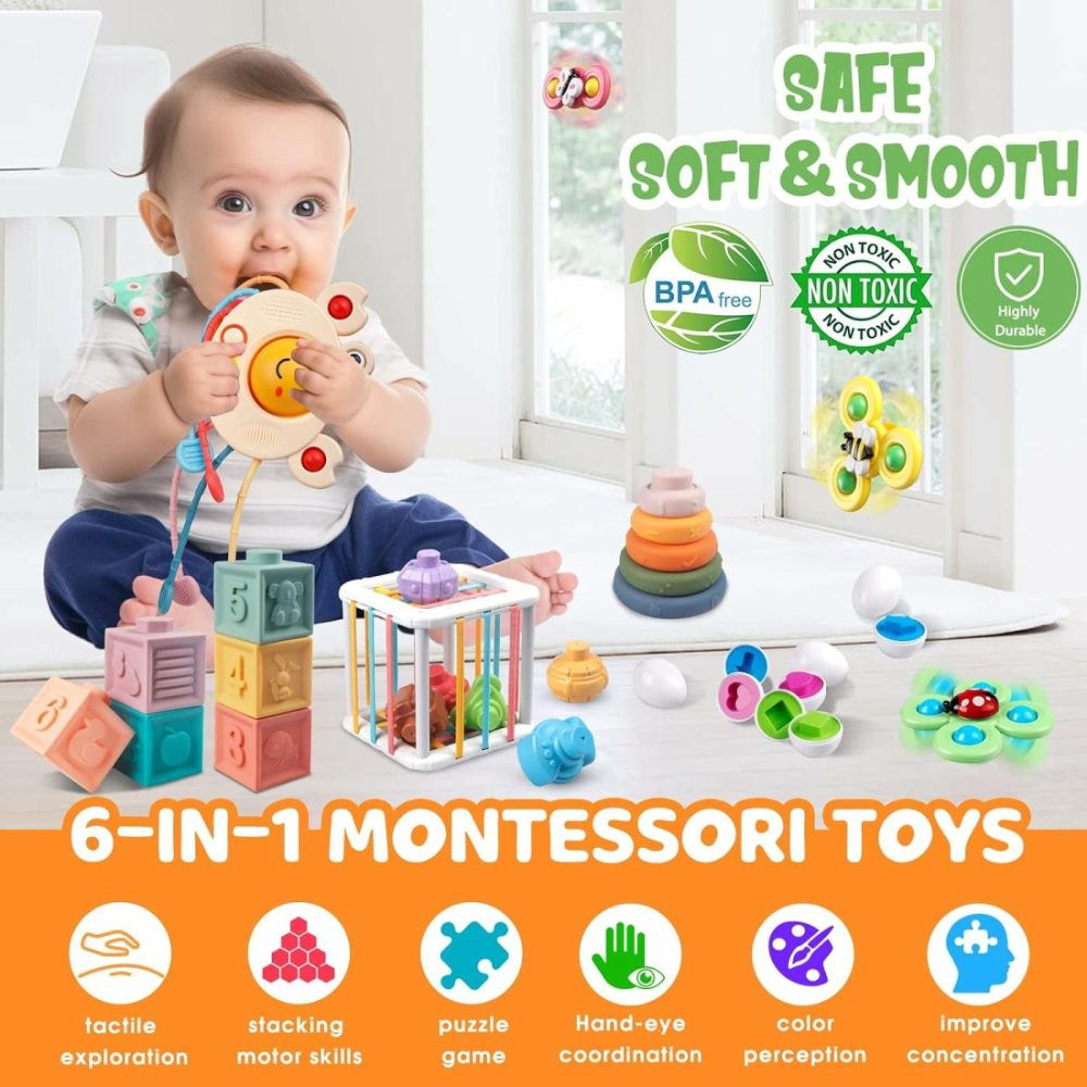 6 In 1 Baby Toys 6 To 12 Months  Montessori Toy For Toddlers 1-3  Infant Teething Babies Toy Stacking Blocks Rings Pull String Toy Sorter Sensory Bin  |  Sorting & Stacking Toys All Toys Sorting & Stacking Toys