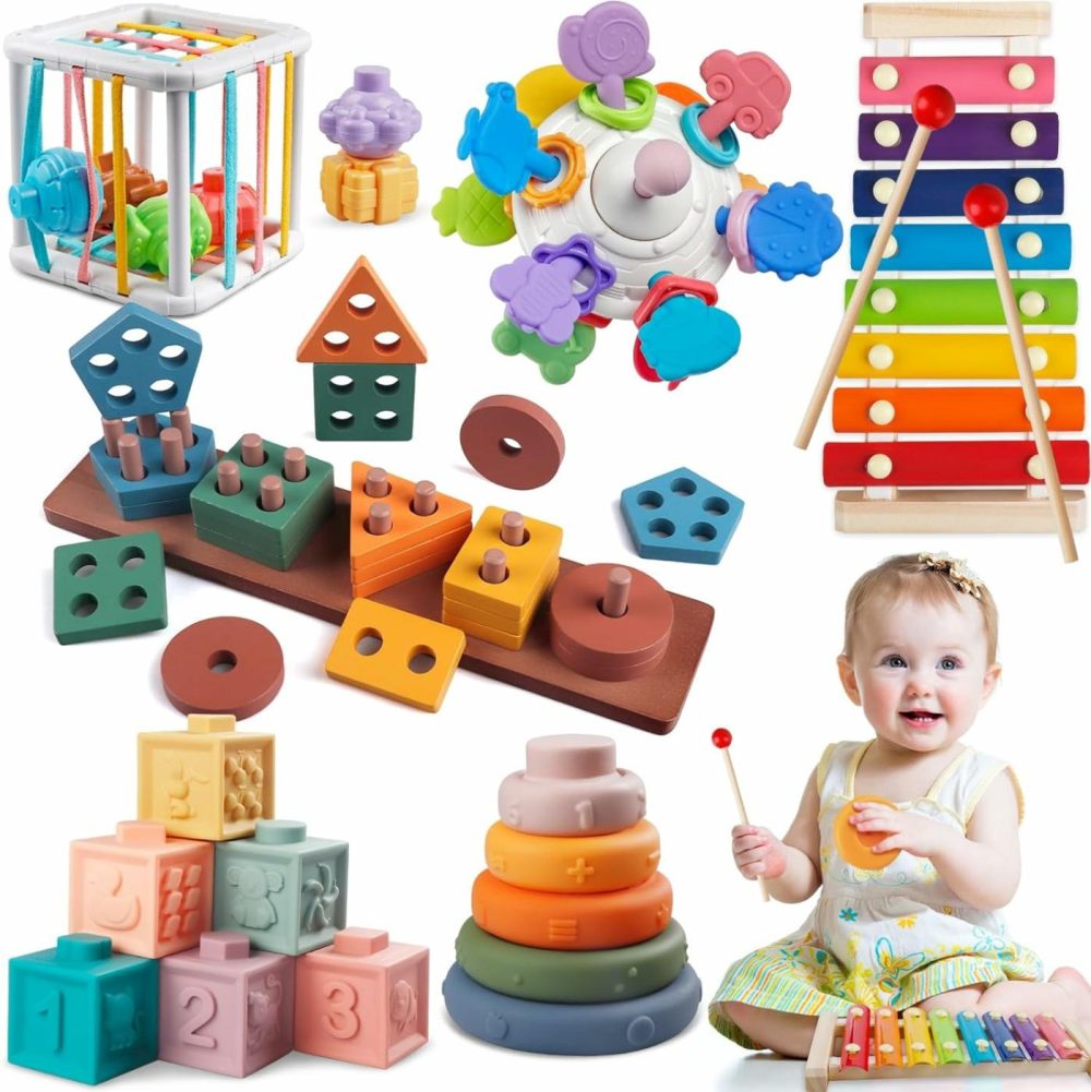 6 In 1 Montessori Baby Toys For 1 + Year Old  Infant Sensory Teething Toys For Babies 6-12 Months  Wooden Stacking Building Blocks Shape Sorter  Xylophone Musical Toy  Birthday Gift For Toddlers 1 2 3  |  Sorting & Stacking Toys All Toys Sorting & Stacking Toys