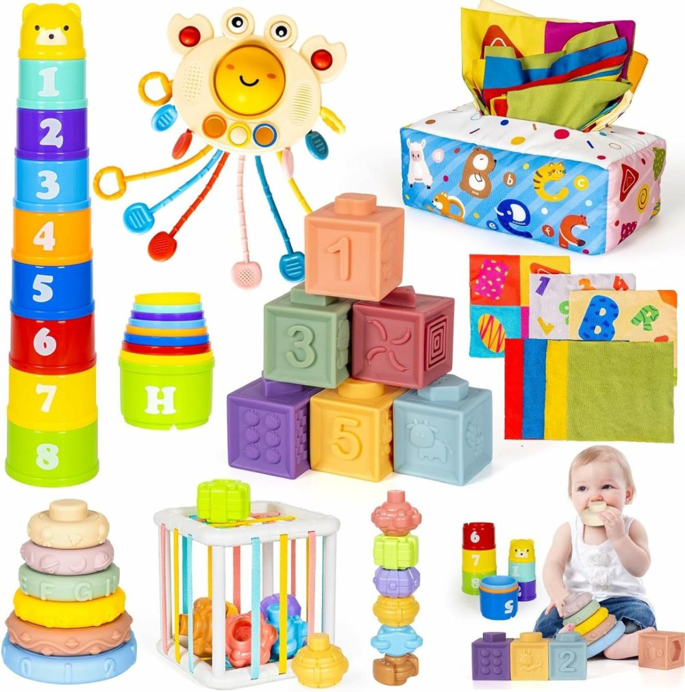 6 In 1 Montessori Toys For Babies 6–12 Months Stacking Block Soft Infant Ring Shape Learning Sensory Bin Pull String Teething Toy Tissue Box For Toddlers 1 2 3 Year Old Boy Girl Gift  |  Sorting & Stacking Toys All Toys Sorting & Stacking Toys