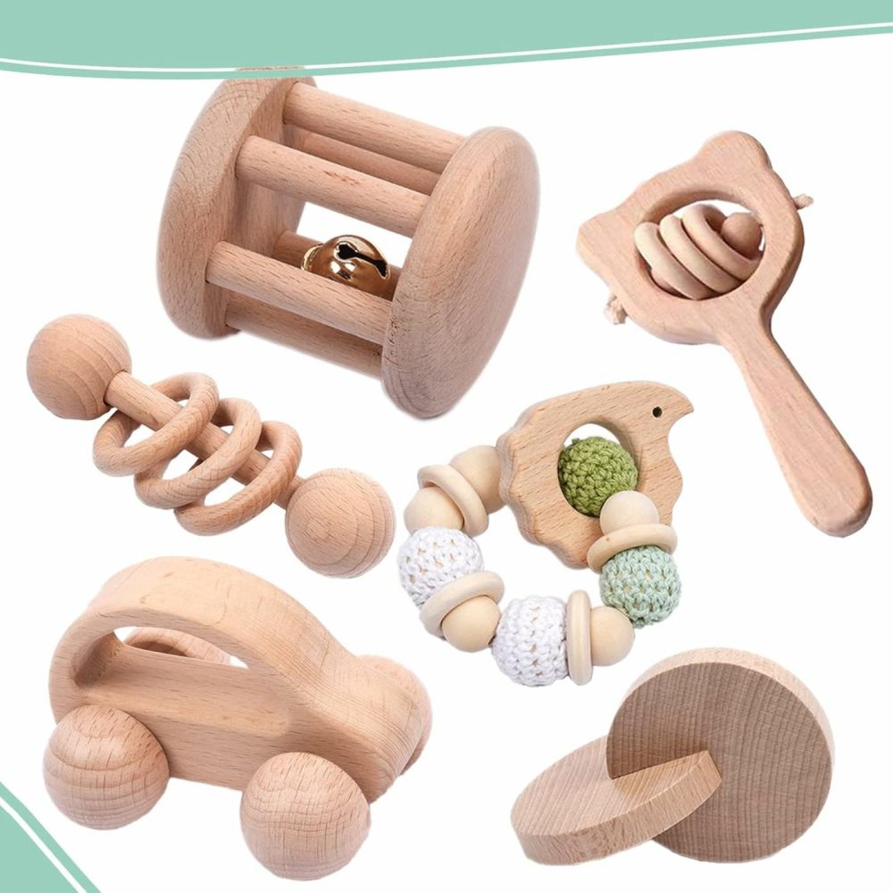 6 Pieces Toy Set- Wooden Baby Toys For Babies 0-6 Months,Wooden Toys For Babies Rattles With Bells,Wooden Rattles Push Car,Wood Rattle Toys Gifts For Boys Girls,Montessori Toys For Babies 0-6 Months  |  Rattles & Plush Rings All Toys Beige