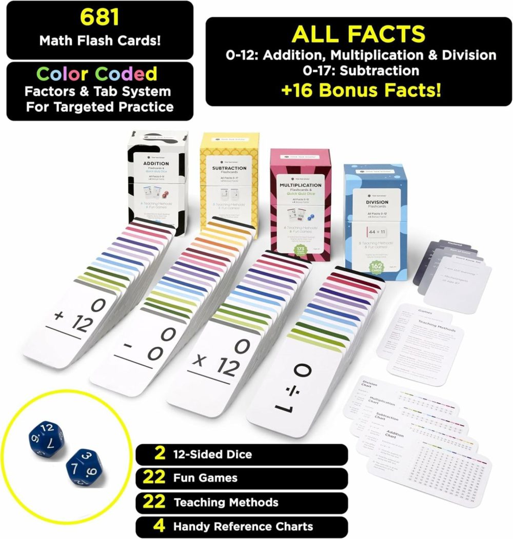 681 Math Flash Cards & Math Dice (Award Winning) Addition  Subtraction  Multiplication & Division – All Facts & Games – Kids Ages 4+ Kindergarten  1St  2Nd  3Rd  4Th  5Th  6Th Grade  |  Flash Cards All Toys Flash Cards