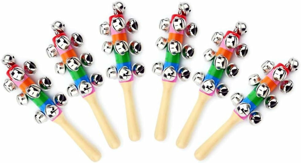 6Pcs Wooden Jingle Hand Bells,Rainbow Handle Wooden Bells Jingle Stick Shaker Rattle Baby Kids Children Musical Toys  |  Rattles & Plush Rings All Toys Rattles & Plush Rings