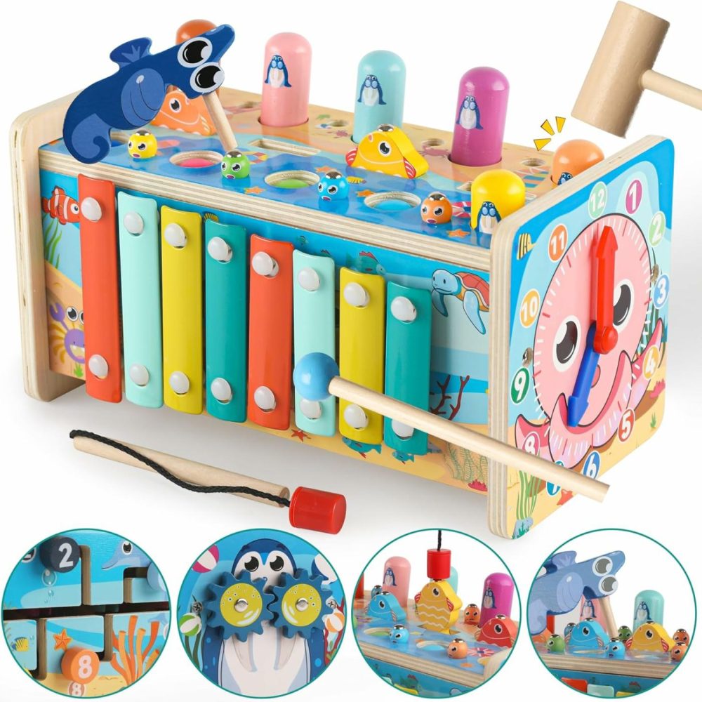 7 In 1 Hammering Pounding Toy Wooden Montessori Toys For 3 Year Old  Sensory Toys With Xylophone And Fishing Game For Toddlers 1-3  Educational Learning Toys For Kids Activities Gift  |  Hammering & Pounding Toys All Toys Hammering & Pounding Toys