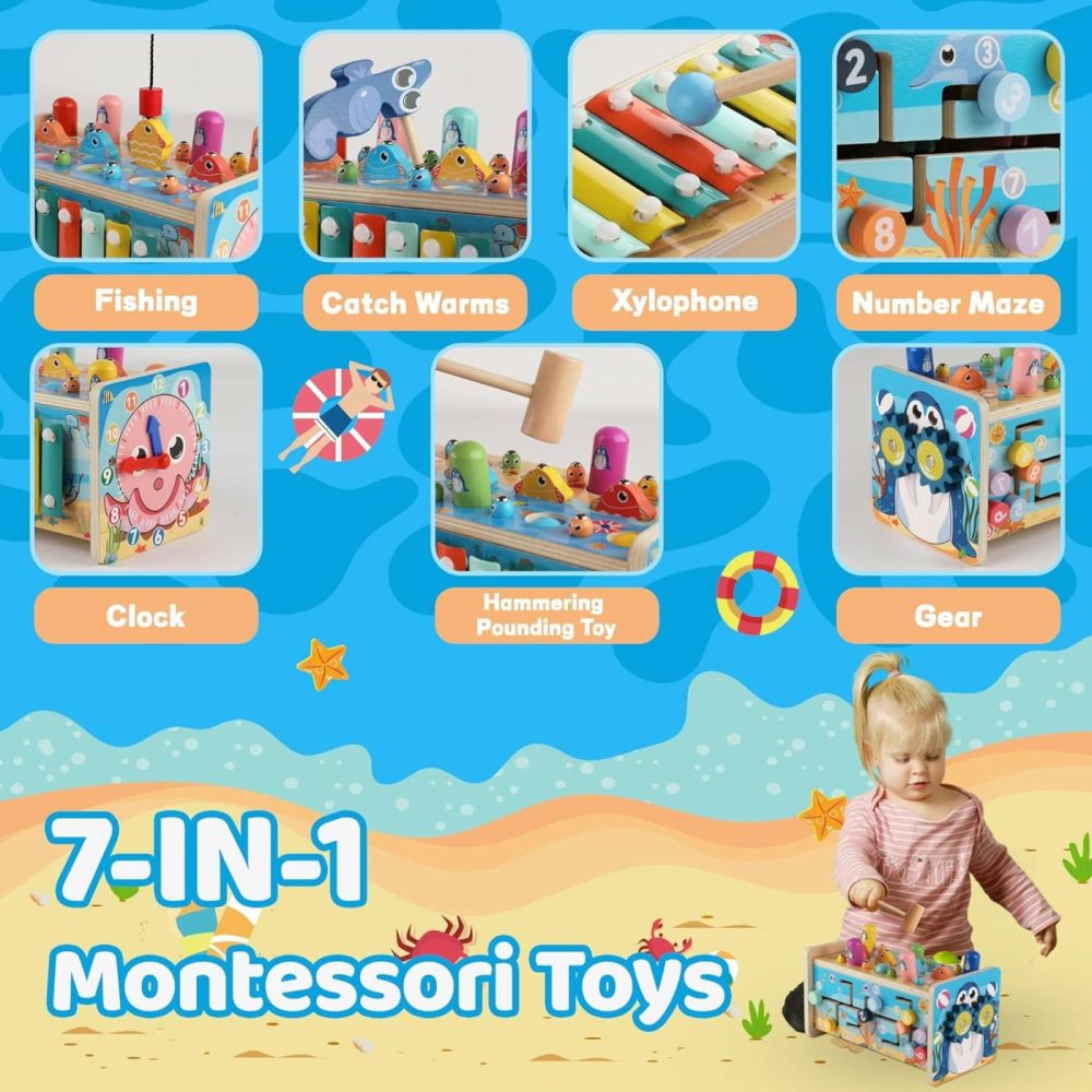 7 In 1 Hammering Pounding Toy Wooden Montessori Toys For 3 Year Old  Sensory Toys With Xylophone And Fishing Game For Toddlers 1-3  Educational Learning Toys For Kids Activities Gift  |  Hammering & Pounding Toys All Toys Hammering & Pounding Toys