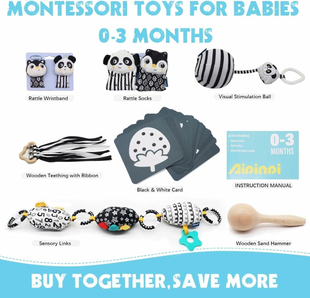 7 In 1 High Contrast Baby Toys Black And White Toy  21Pcs Montessori Education Kit  Learning Educational Set Newborn Toys  Sensory Toys For Babies 0-6 Months (Black&White)  |  Rattles & Plush Rings All Toys Black+white