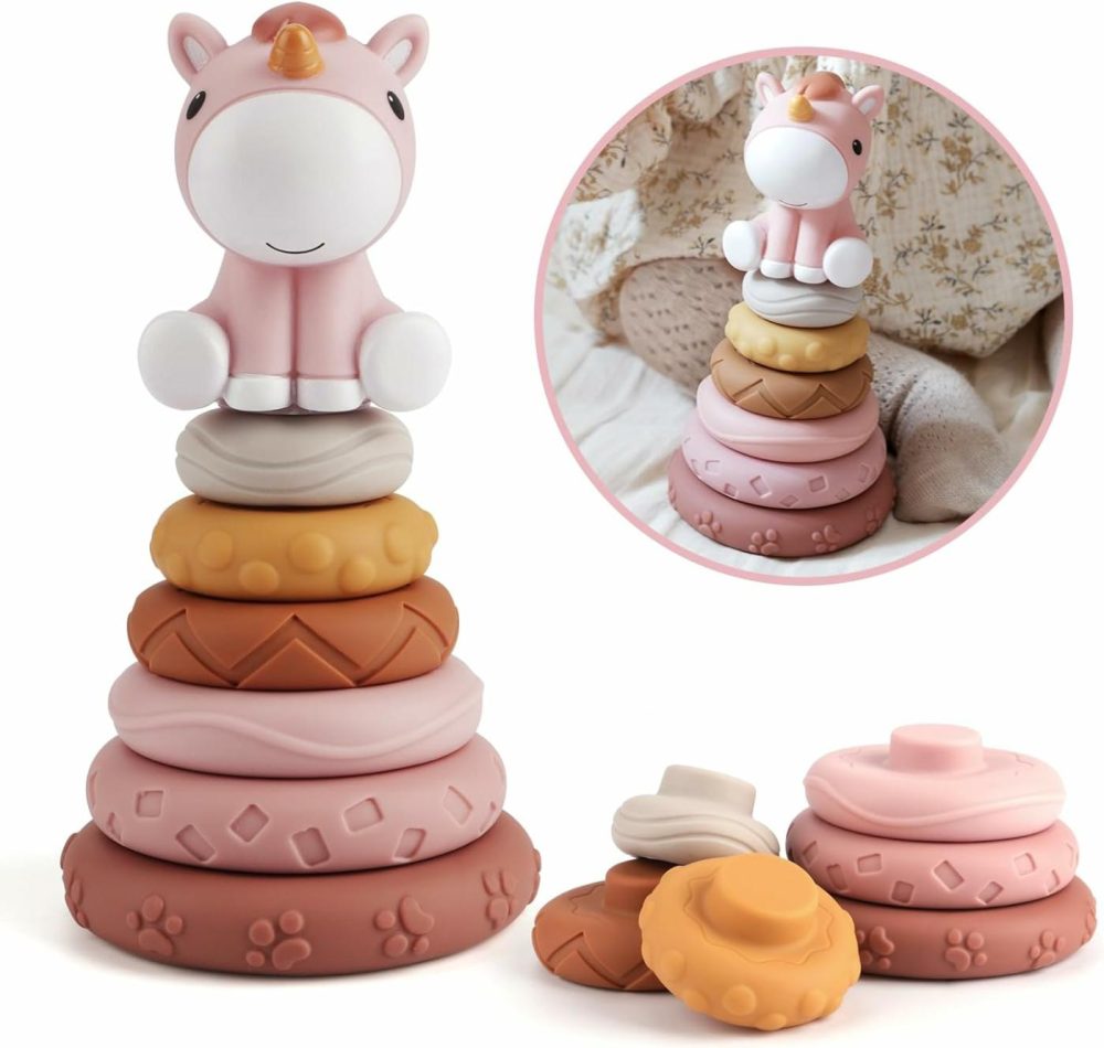 7 Pcs Stacking & Nesting Baby Toys  Squeeze Teething Baby Toys And Building Circle With Pink Horse Figure  Newborn Essentials For 6 12 18 Months Baby Toddler Girls  |  Sorting & Stacking Toys All Toys Sorting & Stacking Toys