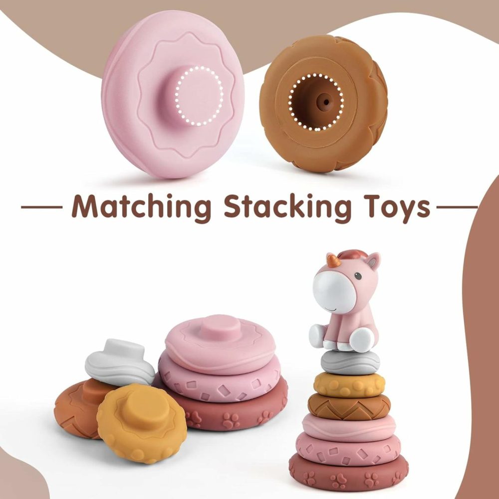 7 Pcs Stacking & Nesting Baby Toys  Squeeze Teething Baby Toys And Building Circle With Pink Horse Figure  Newborn Essentials For 6 12 18 Months Baby Toddler Girls  |  Sorting & Stacking Toys All Toys Sorting & Stacking Toys