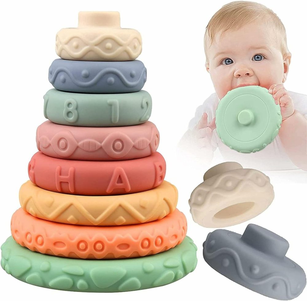 8 Pcs Stacking Rings Soft Toys For Babies 6 Months And Up Old Girls Boys – Toddlers Sensory Educational Montessori Baby Blocks – Developmental Teething Learning Stacker  |  Sorting & Stacking Toys All Toys Sorting & Stacking Toys