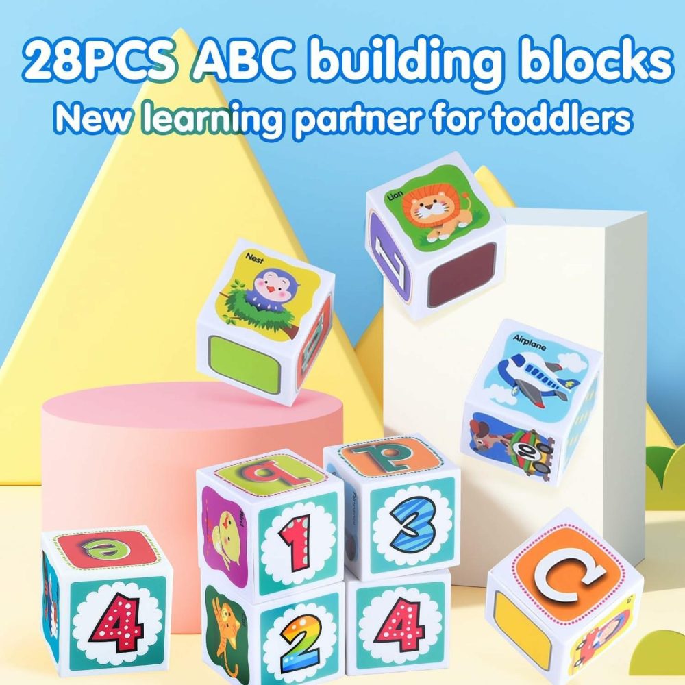 Abc Building Blocks For Toddlers 1-3  28 Pcs Plastic Baby Alphabet Letters Number Stacking Blocks Set  Preschool Learning Educational Montessori Sensory Toys Gifts For Kids Girls Boys  |  Sorting & Stacking Toys All Toys Sorting & Stacking Toys