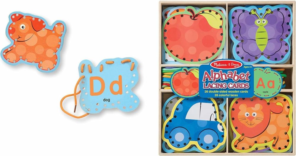 Alphabet Wooden Lacing Cards With Double-Sided Panels And Matching Laces – Lacing Toys For Toddlers  Fine Motor Skills Threading Cards  Sewing Cards For Preschoolers And Kids Ages 3+  |  Sorting & Stacking Toys All Toys Sorting & Stacking Toys