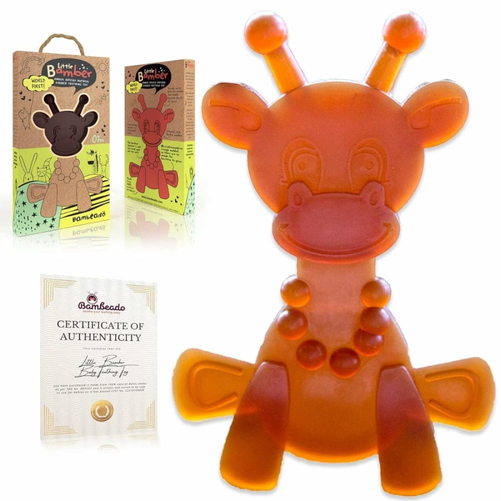 Amber Oil Baby Teething Toy – Little Bamber  Natural Amber  Teething Relief Rubber Giraffe Teething Toy  Special Baltic Teether Toy For Sore Gums – Alternative To Amber Teething Necklace (Brown)  |  Teethers All Toys brown