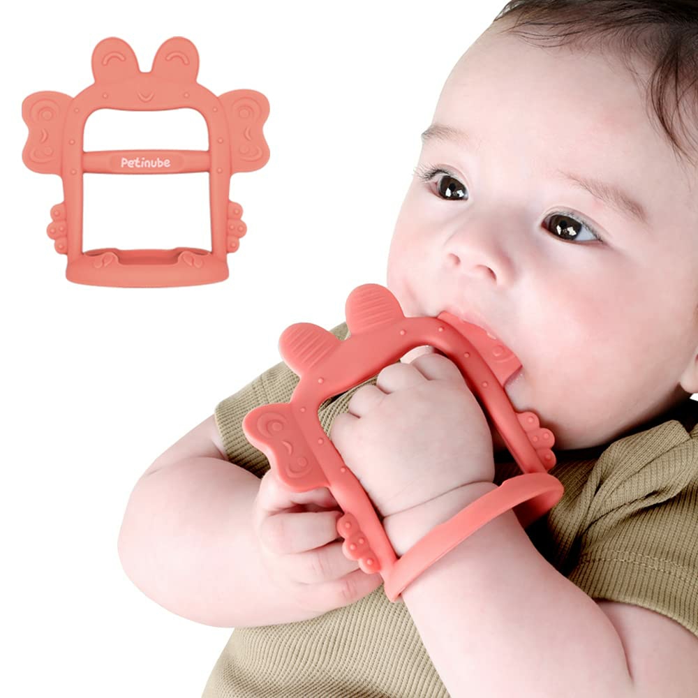 Anti-Dropping Silicone Baby Wrist Teether Soothing Pacifier For Infants 3+ Months Babies  Pack Of 1  Made In Korea (Crab-Baby Coral)  |  Teethers All Toys Crab-Baby Coral