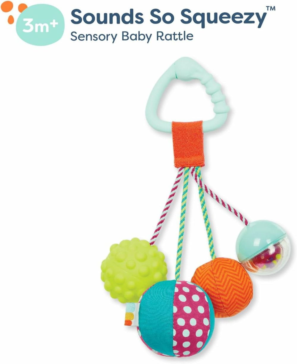 B. Baby- Sensory Baby Rattle – Baby Toy – 4 Balls & Clip – Colors  Textures & Sounds – Sounds So Squeezy- 3 Months +  |  Rattles & Plush Rings All Toys Lime