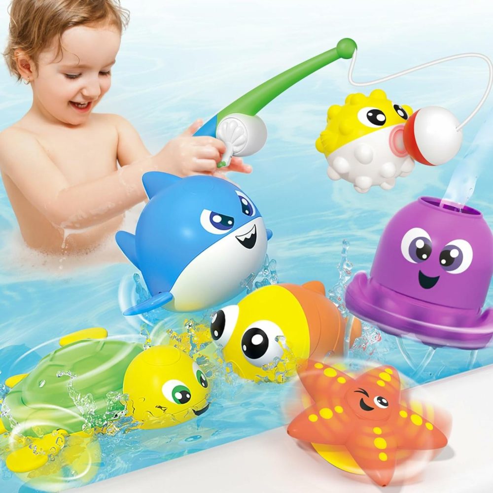 Baby Bath Toy Set – Magnetic Fishing Toy With Fishing Rod  Soft Puffer & Clown Fish  Spinning Octopus And Starfish  Wind-Up Shark And Turtle – Sensory Development For Infants & Toddler  |  Bath Toys All Toys Bath Toys