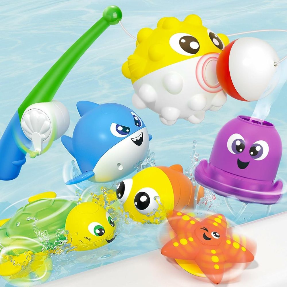 Baby Bath Toy Set – Magnetic Fishing Toy With Fishing Rod  Soft Puffer & Clown Fish  Spinning Octopus And Starfish  Wind-Up Shark And Turtle – Sensory Development For Infants & Toddler  |  Bath Toys All Toys Bath Toys