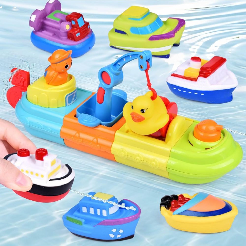 Baby Bath Toys  7 Pcs Toy Boats Include One Big Wind Up Bath Boat And 6 Bath Squirters Toy Boats  Birthday Gifts For Boys & Girls  |  Bath Toys All Toys Bath Toys