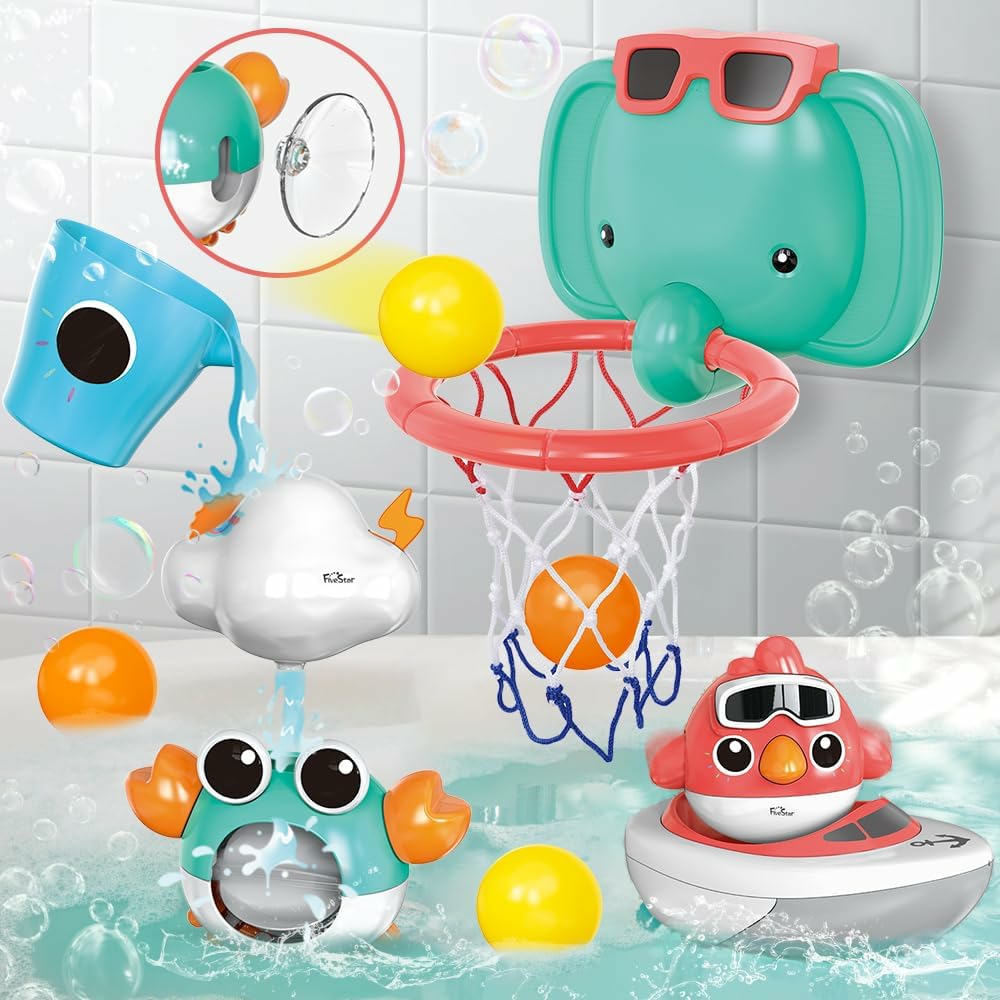 Baby Bath Toys  Elephant Basketball Hoop Bathroom Baby Toys For Babies Boys Girls 1 Year Old  Baby Bathtub Playset With Bird  Crab  Clouds  Yacht Best Bath Gift For Toddlers 1-3  |  Bath Toys All Toys Bath Toys